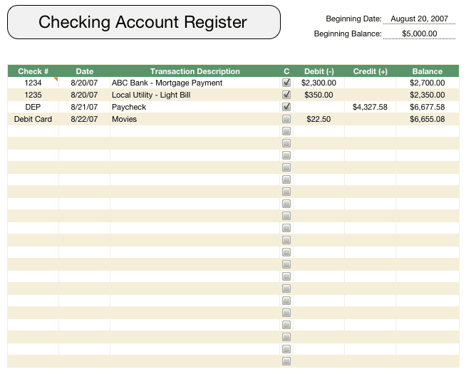 Checkbook Register Template