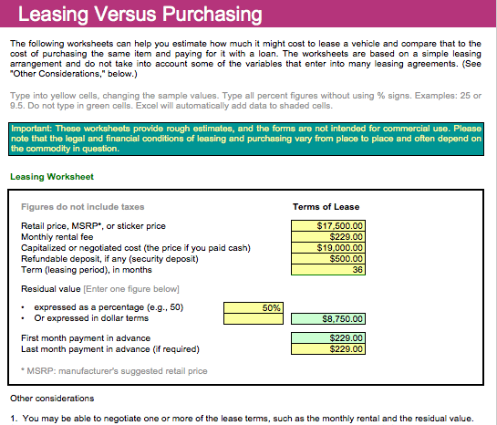 Car Purchase or Lease Template For Numbers