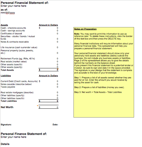 Personal Financial Statement Template