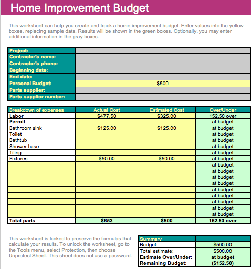 Home Improvement Budget Template For Numbers
