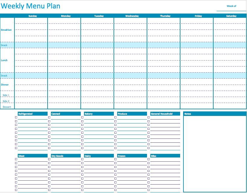 Numbers Weekly Menu Planner Template