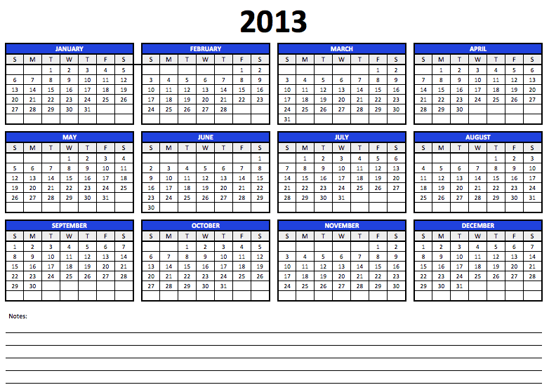 Numbers 2013 Yearly Calendar Template