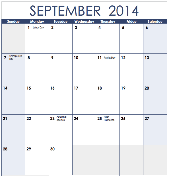 2014 Vertical Monthly Calendar Template for Numbers
