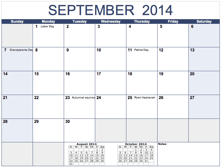 Horizontal 2014 Monthly Calendar Template for Numbers